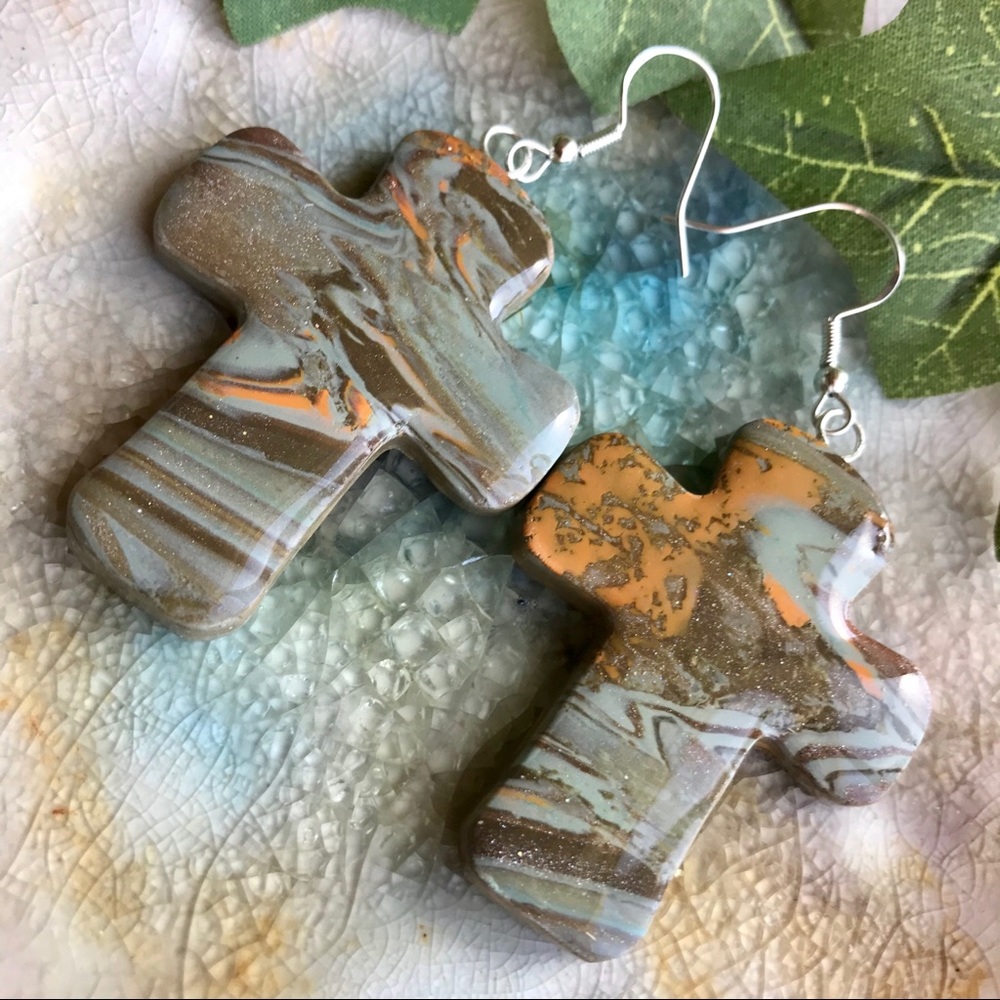 Handmade Polymer Clay Cross Dangle Earrings